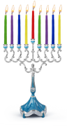Marbleized blue and silver-plated candle menorah with colored candles and a blue base