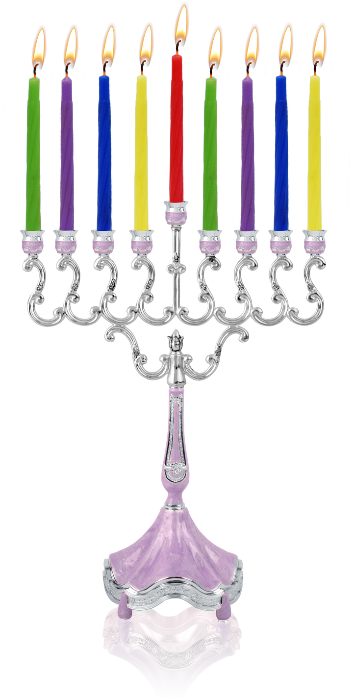 Marbleized purple and silver-plated candle menorah with colored candles and a purple base