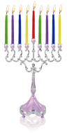 Marbleized purple and silver-plated candle menorah with colored candles and a purple base