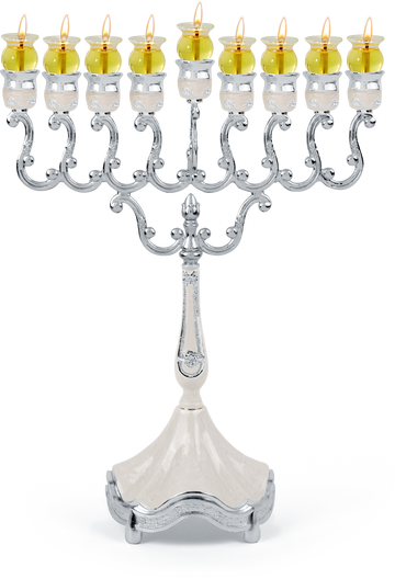 Marbleized white and silver-plated oil menorah with lit glass oil cups on a white base