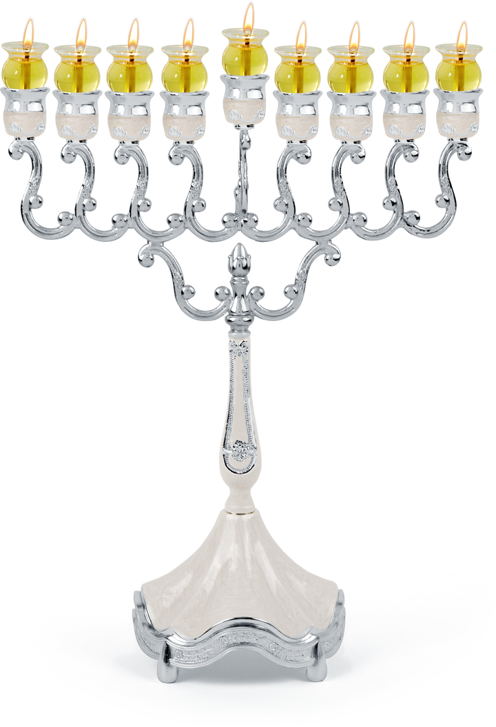 Marbleized white and silver-plated oil menorah with lit glass oil cups on a white base