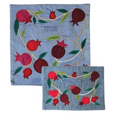 Raw Silk Matzah Cover- Pomegranates Blue