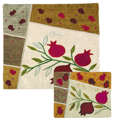 Raw Silk Matzah Cover Pomegranates Gold