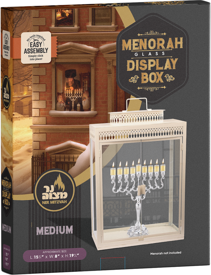 Medium clear-panel menorah display box with easy-assembly frame