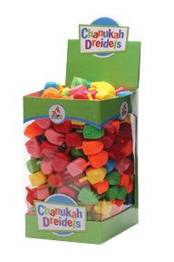 Chanukah Dreidels display box filled with assorted colored medium plastic dreidels
