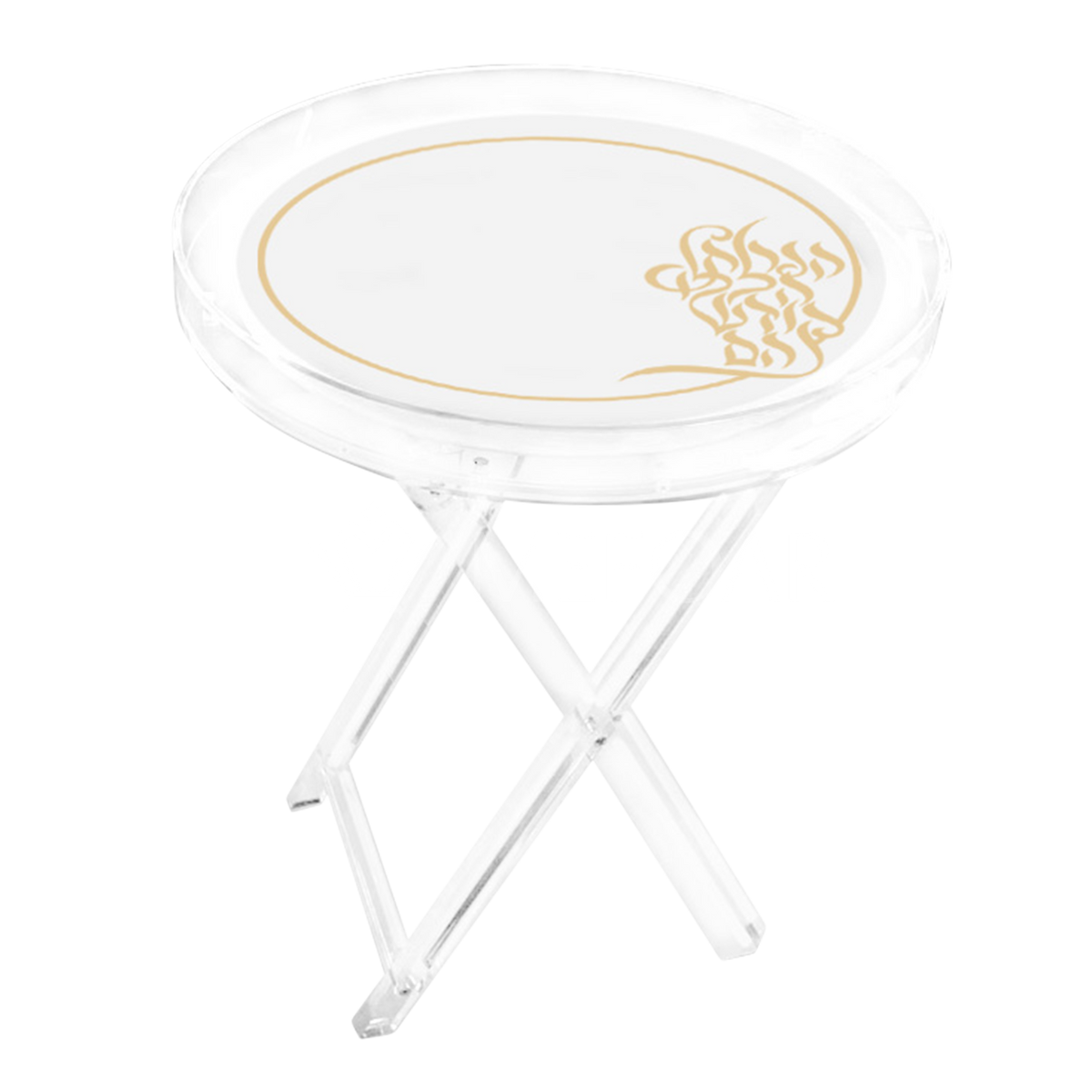 Mefoar Style 108 round acrylic folding table with gold trim and script on the top