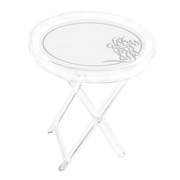 Mefoar Style 108 round acrylic folding table with silver trim and script on the top