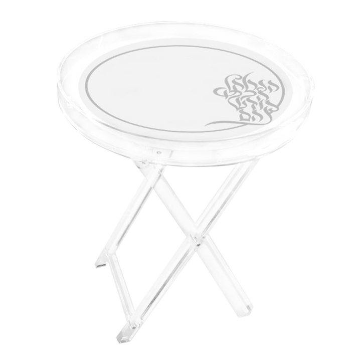 Mefoar Style 108 round acrylic folding table with silver trim and script on the top