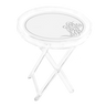 Mefoar Style 108 round acrylic folding table with silver trim and script on the top
