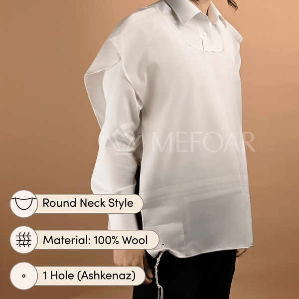 Mefoar white-on-white wool round-neck tzitzis with one-hole Ashkenaz construction and attached strings
