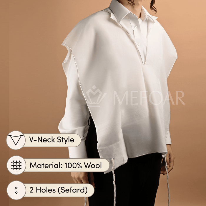 Mefoar white-on-white wool V-neck tzitzis with regular strings and no garment-edge fringes