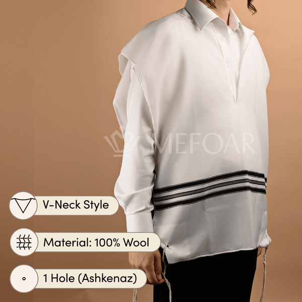 Mefoar white wool V-neck tzitzis with black stripes, one-hole Ashkenaz construction, and attached strings