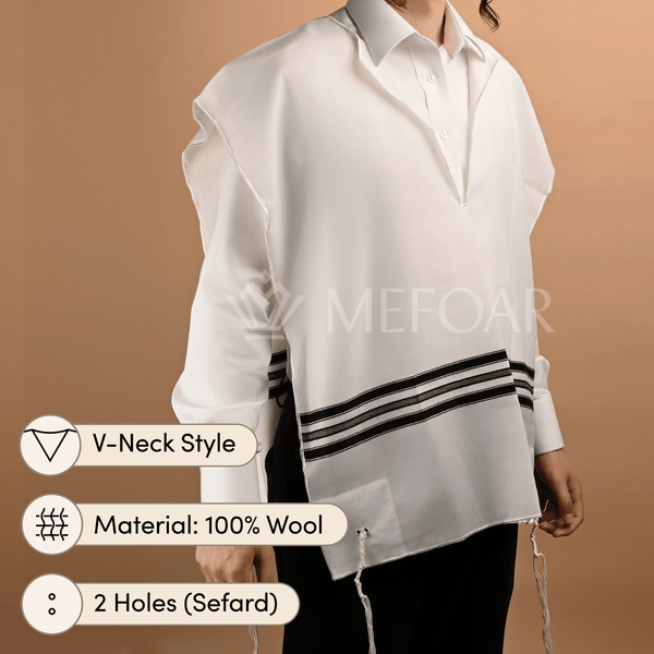 Mefoar white wool V-neck tzitzis with black stripes, two-hole construction, and attached strings