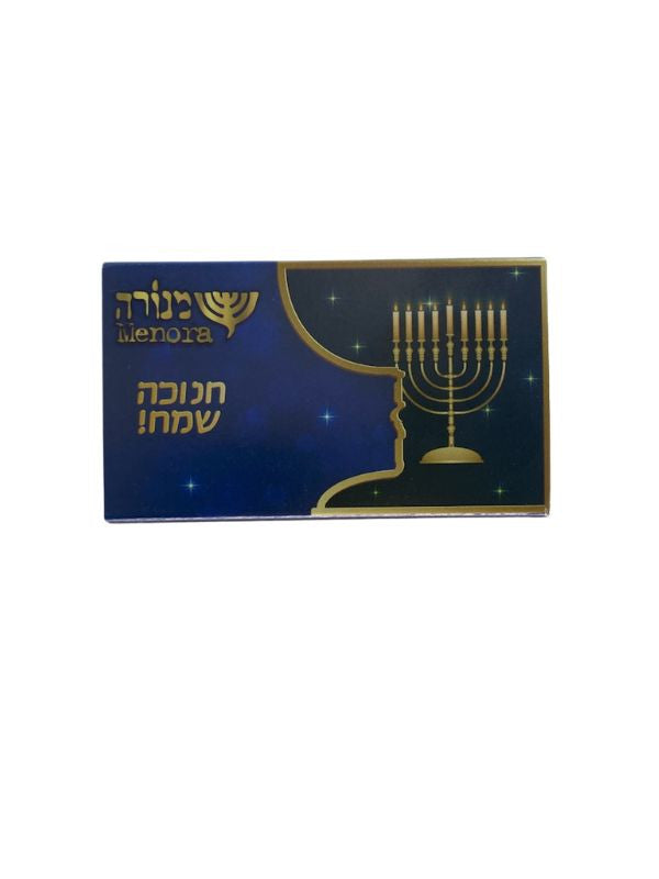 Blue box of Menora long Chanukah matches with a gold menorah