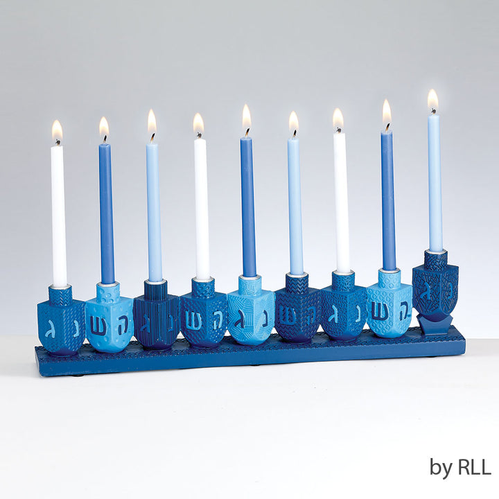 Rite Lite Blue Dreidels Hand Painted Resin Menorah, 11.5 x 2.5 Inch