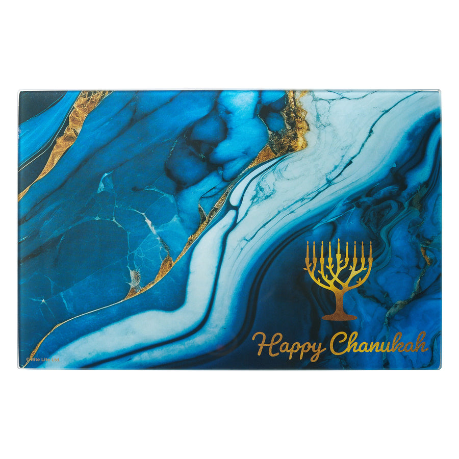 Blue Marble Tempered Glass Menorah Drip Tray, 12 x 8 Inch