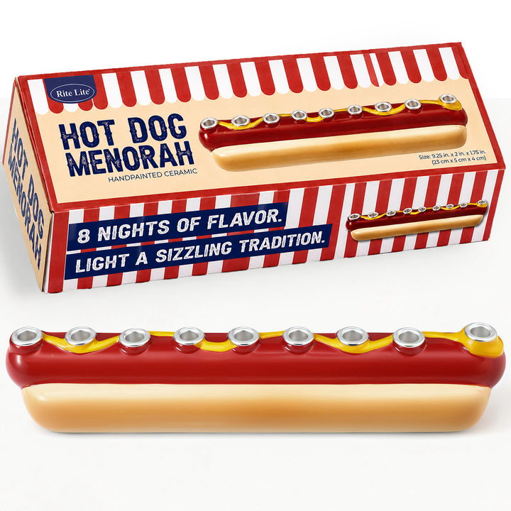 Rite Lite Hand Painted Hot Dog Ceramic Menorah, 9.25 x 2 Inch