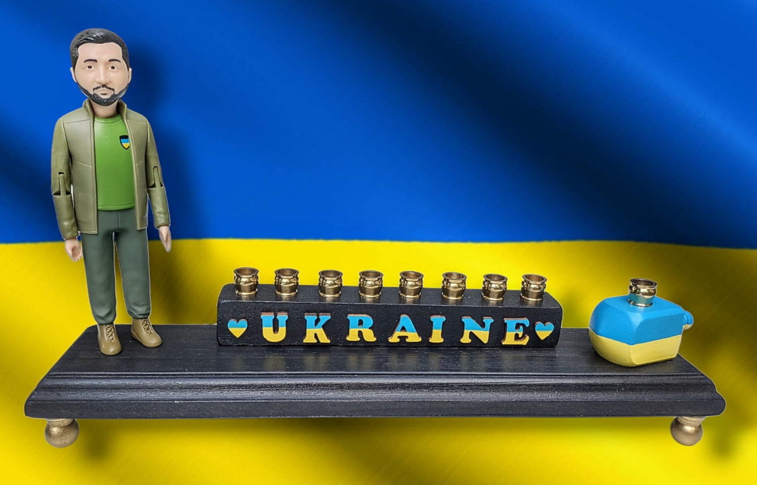 Stand With Ukraine Menorah — Zelensky figure with blue and yellow wood letters | Judaica Square Lakewood (view 2)