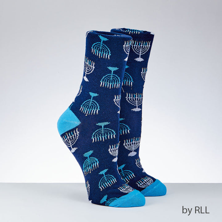 Rite Lite Chanukah Adult Crew Socks, Menorah Design, Cotton Blend