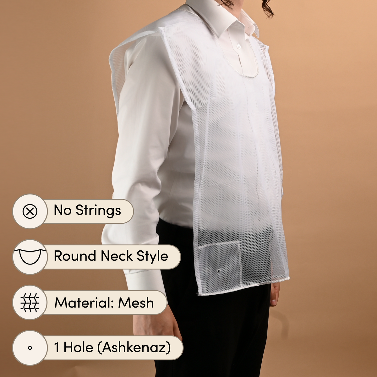 Mesh Tzitzis — Round Neck, 1-Hole — garment without strings