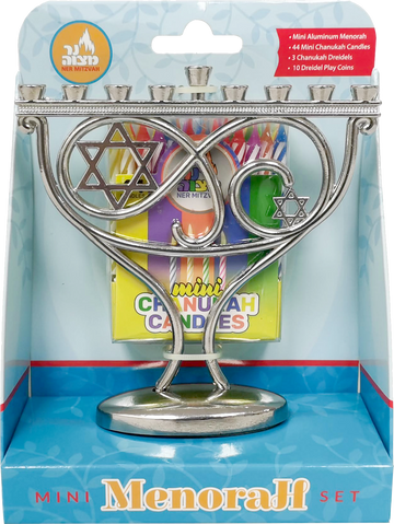 Boxed Ner Mitzvah mini menorah set with a silver Star of David menorah and mini Chanukah candles