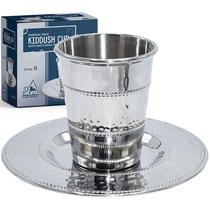 Mirror-finish five-ounce stainless steel Kiddush cup on its matching round tray