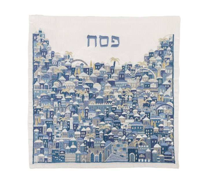 Emanuel Full Embroidered Matzah Cover Jerusalem-- Blue
