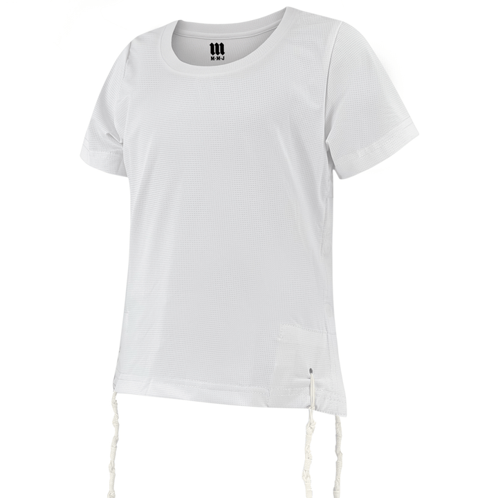 Melechet Machshevet white boys' round-neck short-sleeve mesh tzitzis T-shirt