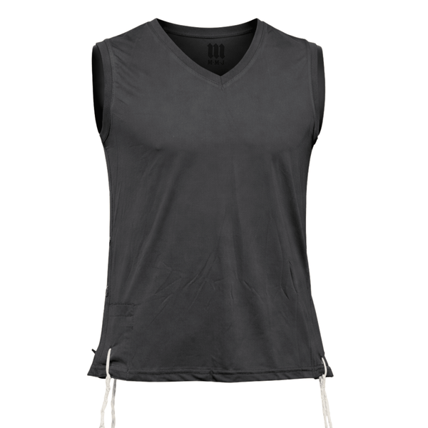 Melechet Machshevet black sleeveless V-neck mesh tzitzis tank top