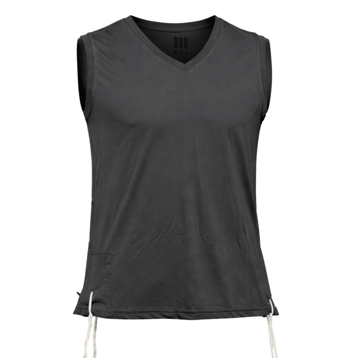 Melechet Machshevet black sleeveless V-neck mesh tzitzis tank top