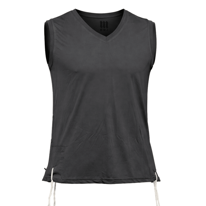 Melechet Machshevet black sleeveless V-neck mesh tzitzis tank top