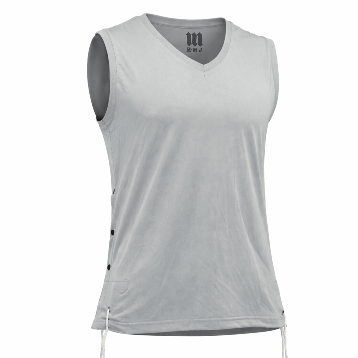 Melechet Machshevet gray sleeveless V-neck mesh tzitzis tank top