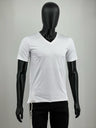 Melechet Machshevet white men's V-neck short-sleeve mesh tzitzis T-shirt on mannequin