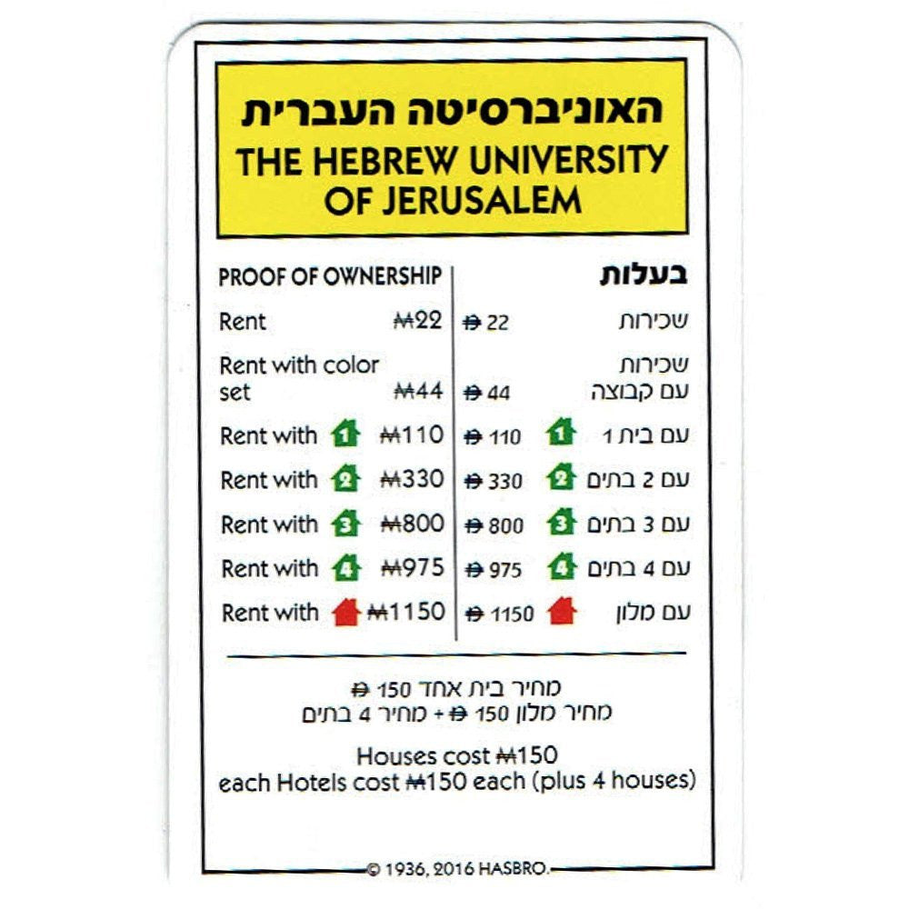 Monopoly Jerusalem Edition Board Game, Hebrew and English, close up of property card