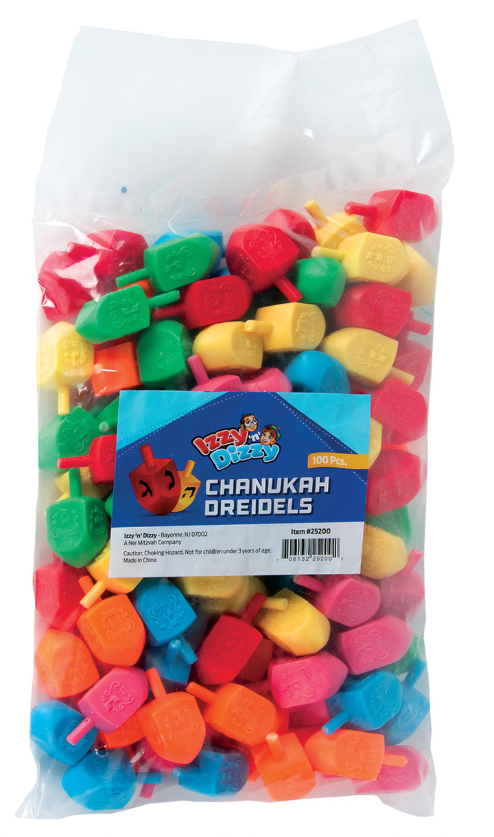 Bulk bag of assorted bright medium plastic dreidels with a Chanukah Dreidels label