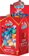 Red display box of assorted colored plastic dreidels with Hebrew and Yiddish lettering