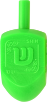 Small green plastic dreidel with a raised Shin and the letter name on its face