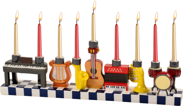 Hand-painted resin Chanukah menorah with colorful musical instruments