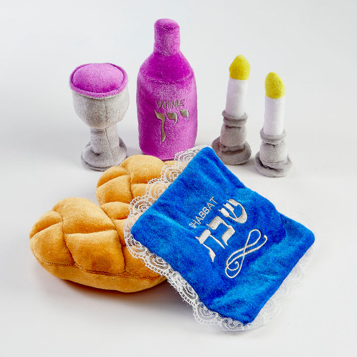 Rite Lite plush Shabbat set with soft candlesticks, challahs, challah cover, kiddush cup and wine bottle