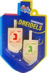 Two large natural wood dreidels with red and green Hebrew letters on a dreidel shaped card