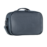 Front view of navy leather travel tallis and tefillin bag