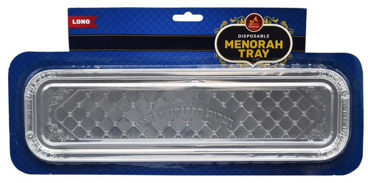 Long narrow disposable foil menorah tray in Ner Mitzvah packaging