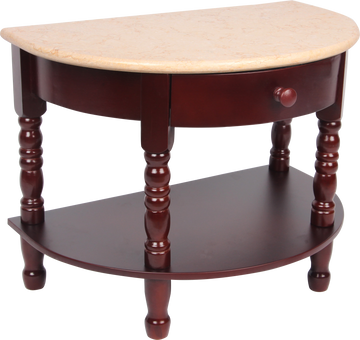 Half round wood menorah stand with marble top, drawer and lower shelf