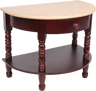 Half round wood menorah stand with marble top, drawer and lower shelf