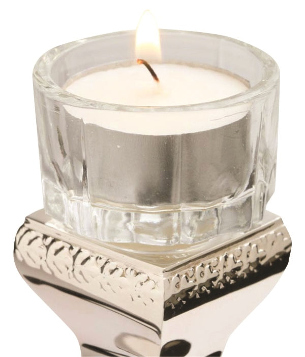 Clear glass tealight holder fitted in a compatible candelabra socket