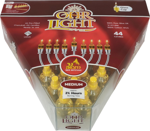 Ner Mitzvah Ohr Light Medium box of 44 prefilled olive oil candles