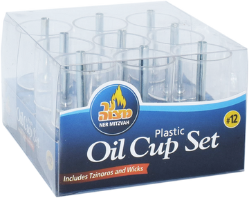 Ner Mitzvah Plastic Oil Cup Set #12 box with nine clear cups and tzinores