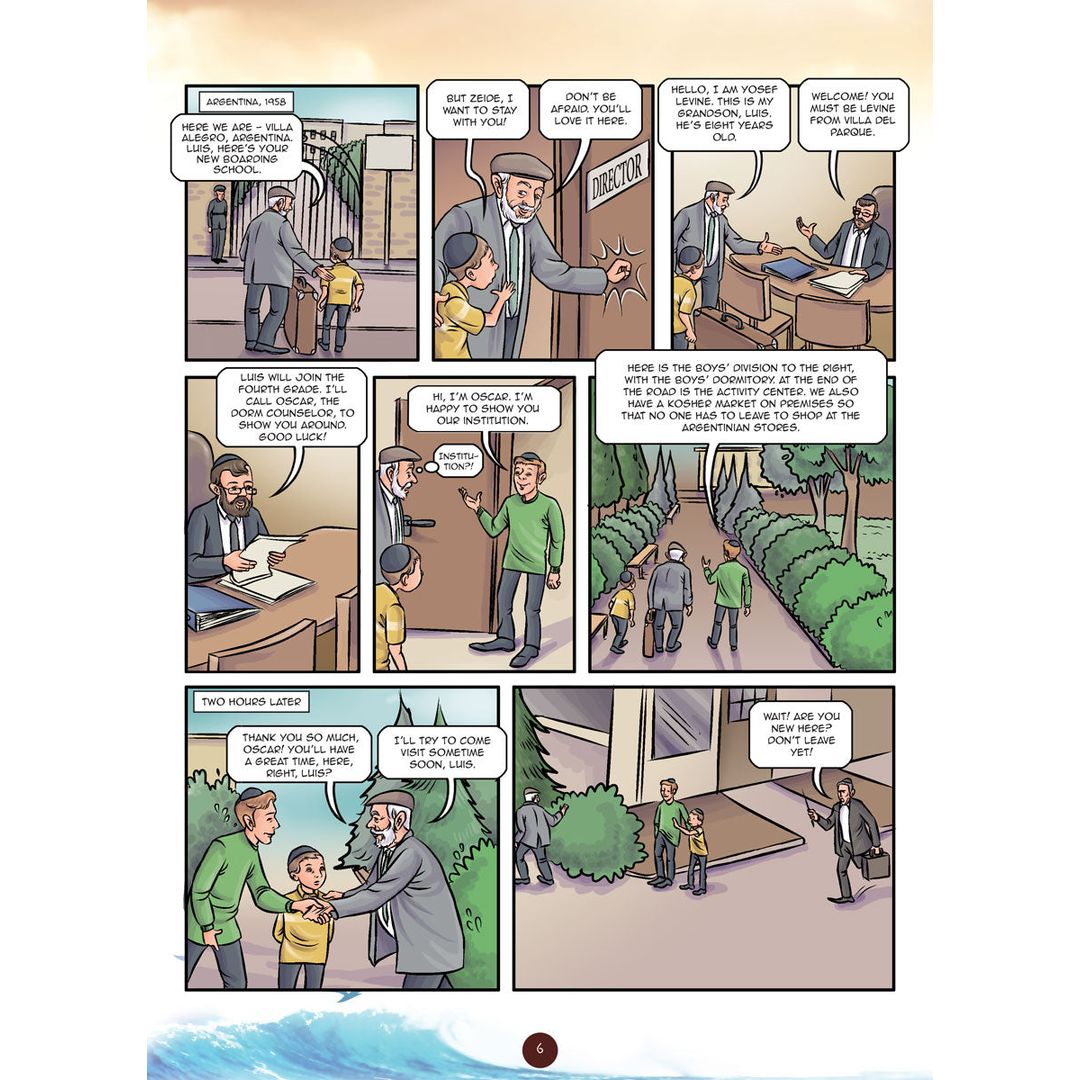 Comic panel page — Luis says goodbye to family members before boarding the ship