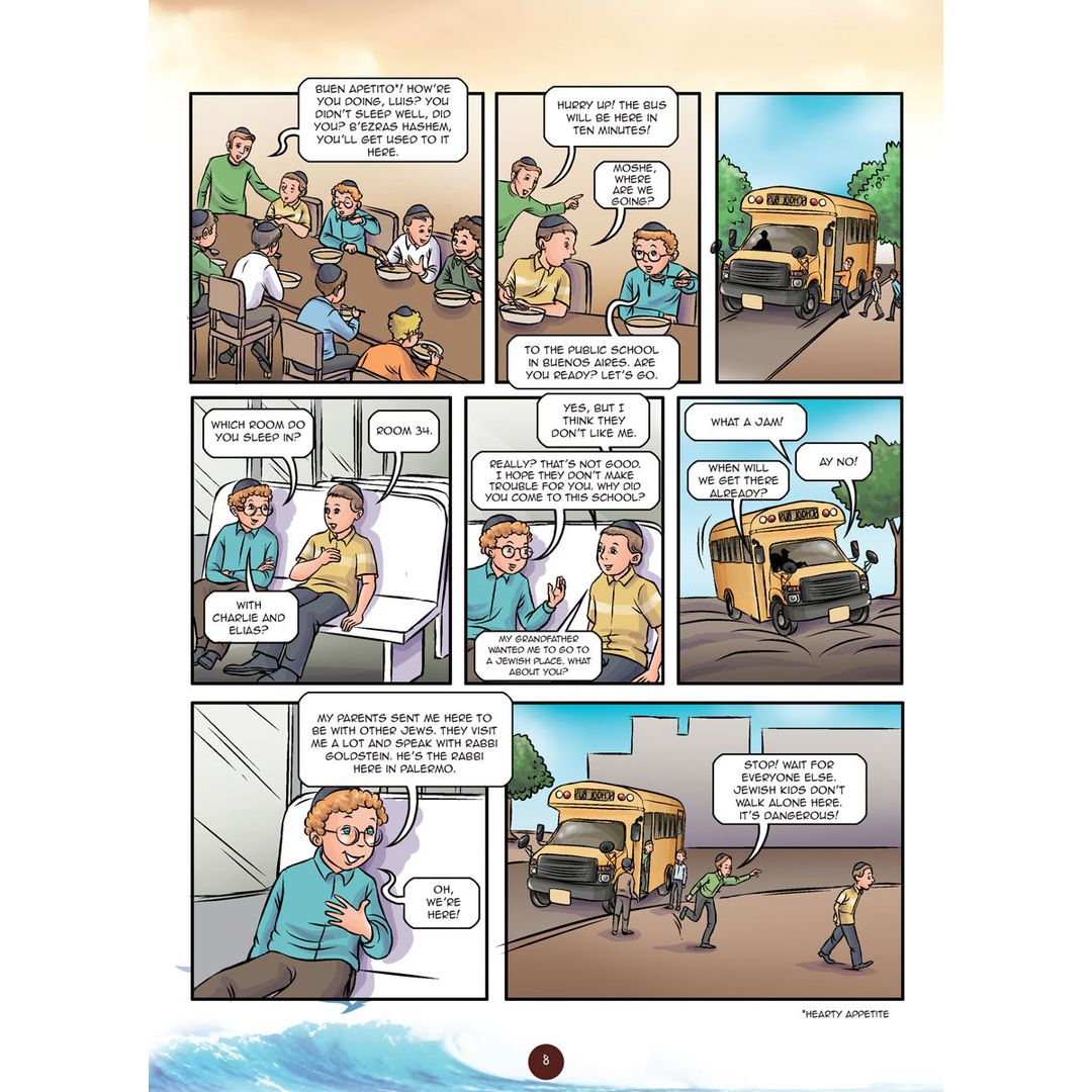Comic panel page — Luis rides a school bus and talks with new classmates