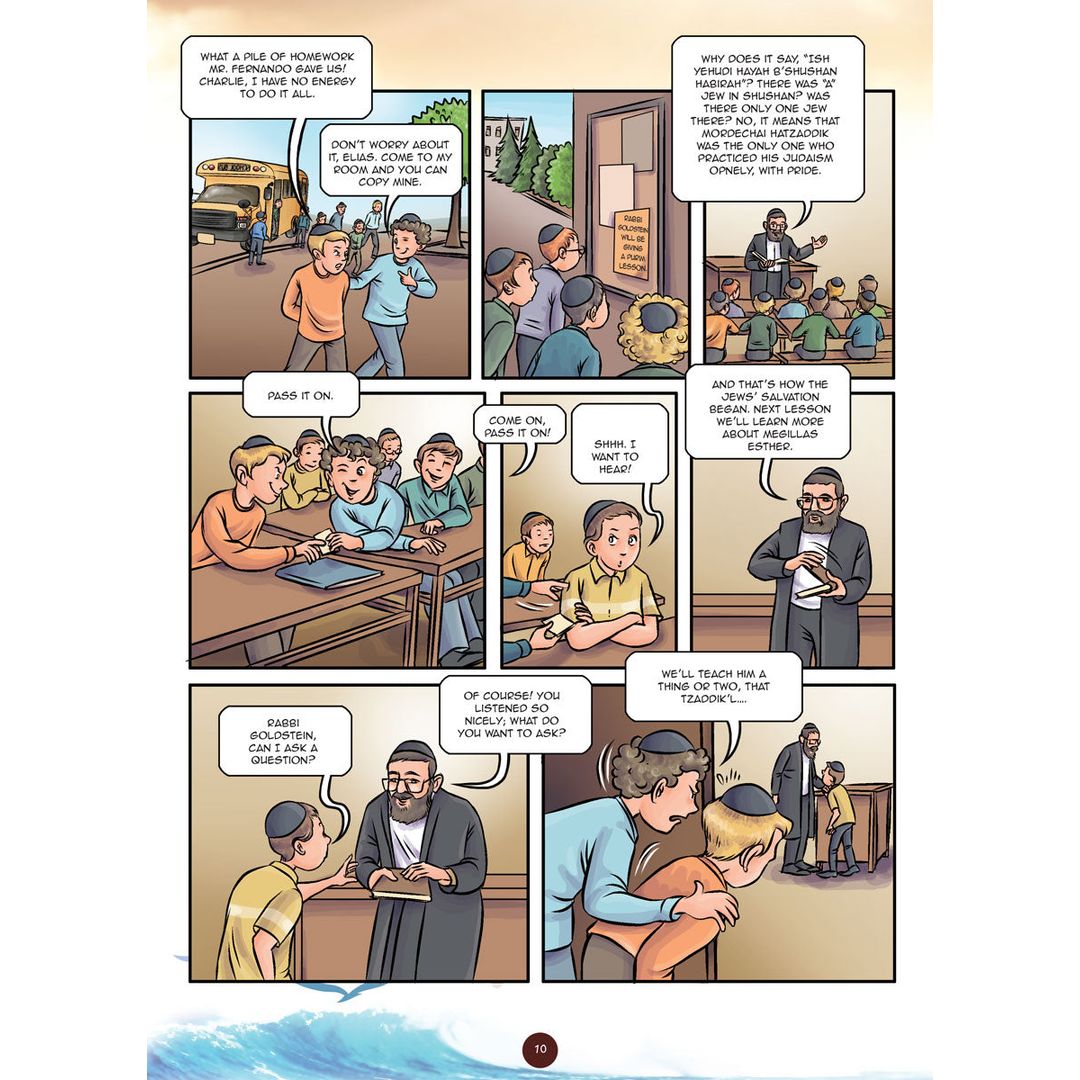 Comic panel page — Luis listens to a rebbe and davens with tefillin
